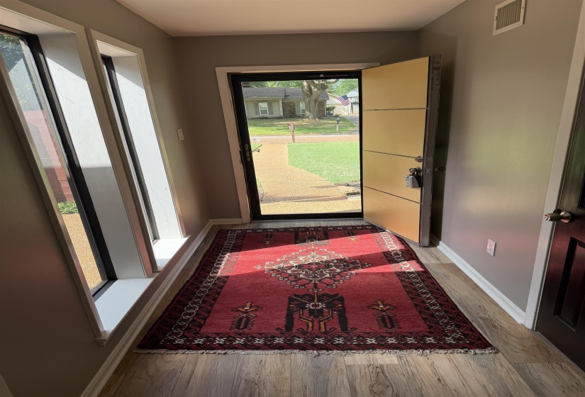 Foyer featuring wood-finish flooring, two vertical window panels, a light-colored entry door with horizontal detailing, and a dark-paneled interior door