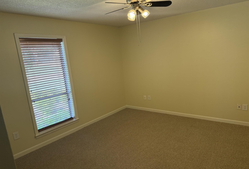 Room with neutral wall paint and textured carpet flooring