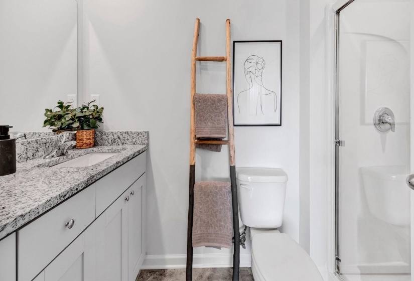 Full bath featuring vanity and a stall shower