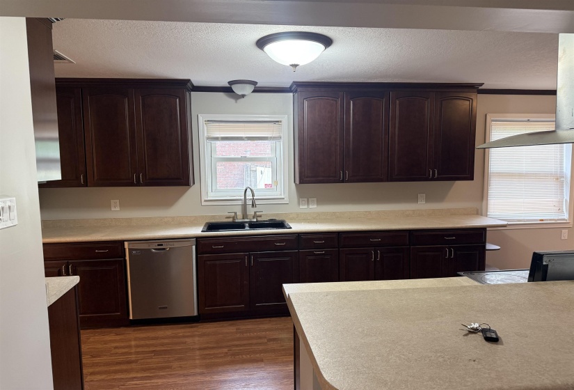 Kitchen featuring dark wood cabinetry, light countertops, wood-finish flooring, a stainless steel dishwasher, and a black sink with a gooseneck faucet