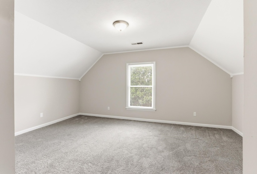 Carpeted room featuring a single window, sloped ceilings, and crown molding