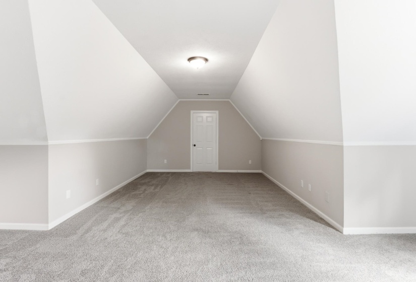 Spacious room featuring sloped ceilings, light gray carpeting, and a neutral two-tone wall treatment