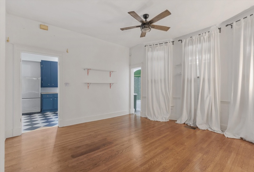Hardwood flooring throughout the main living area
