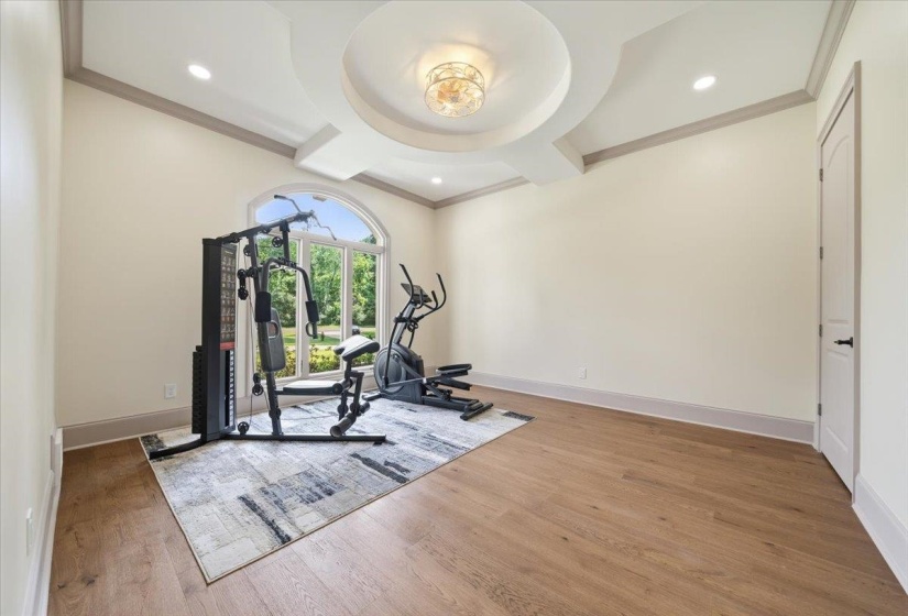 Room featuring a decorative tray ceiling with a central light fixture, recessed lighting, and wood-finish flooring