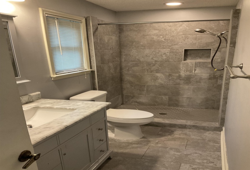 Full bathroom featuring a walk-in shower with tile surround and recessed niche, a single vanity with a white basin and stone countertop, and large format tile flooring