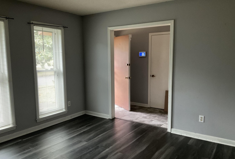 Spacious room featuring wood-finish flooring, light grey painted walls, and white baseboards