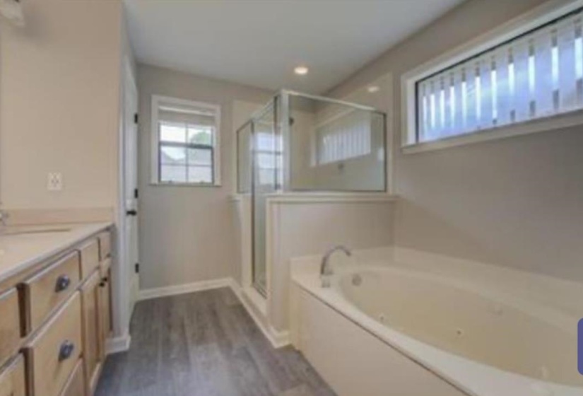 Bathroom featuring a white jetted soaking tub, glass-enclosed shower, wood-finish flooring, and a dual-sink vanity with light-toned cabinetry and countertops