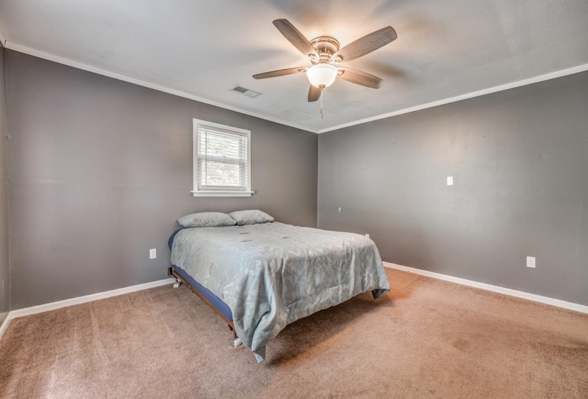 Carpeted room with a ceiling fan light fixture