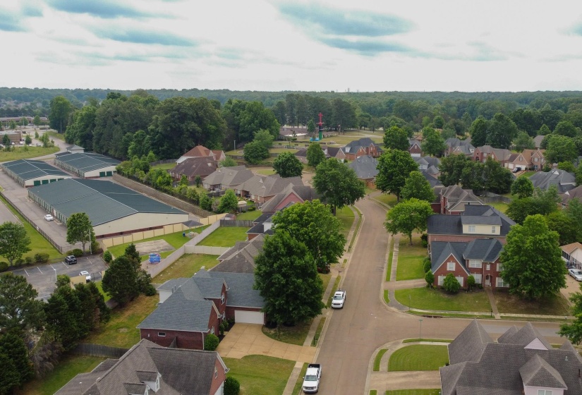 Residential street with multiple single-family homes featuring brick and siding exteriors, dark shingle roofs, and attached garages