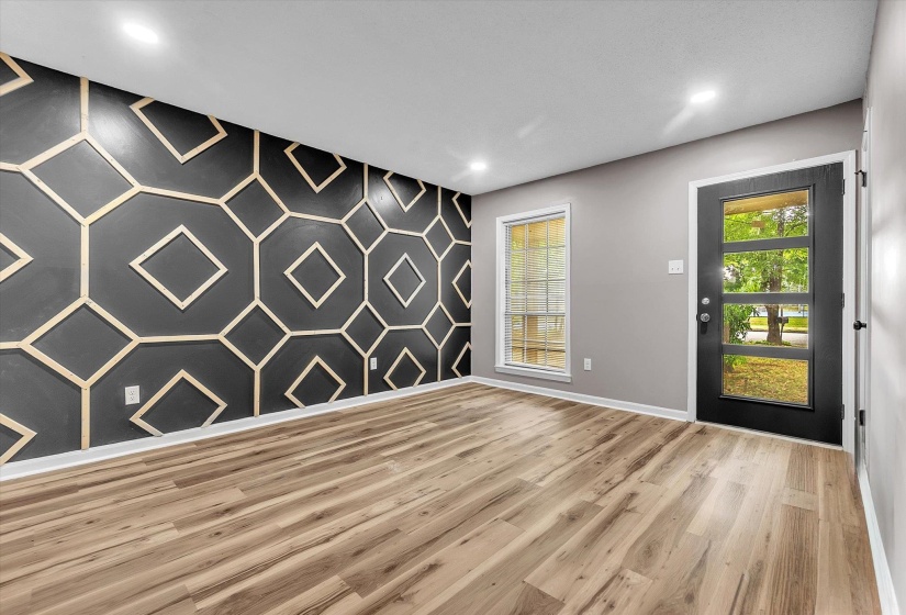 Accent wall featuring geometric wood paneling