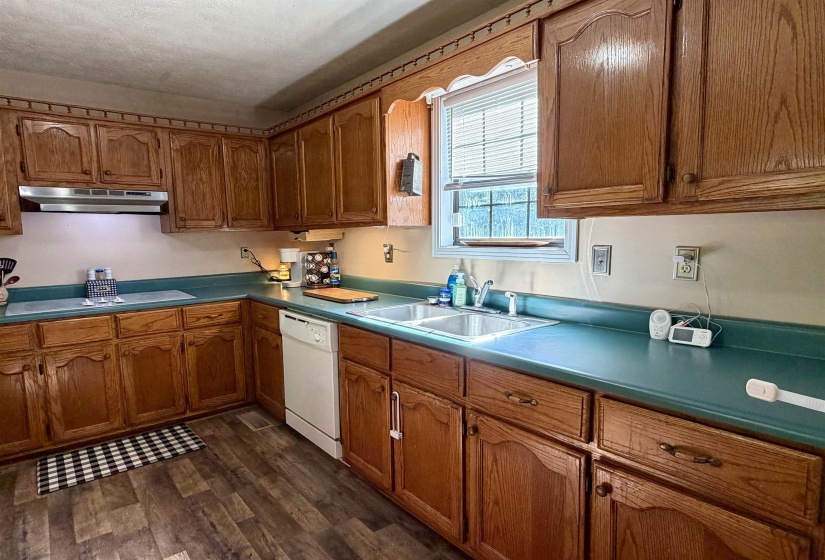 Kitchen featuring extensive wood cabinetry with decorative arch panels, a stainless steel double basin sink, and a white dishwasher