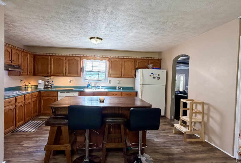 Kitchen featuring wood-finish flooring, ample wood cabinetry, a central island, and an arched doorway