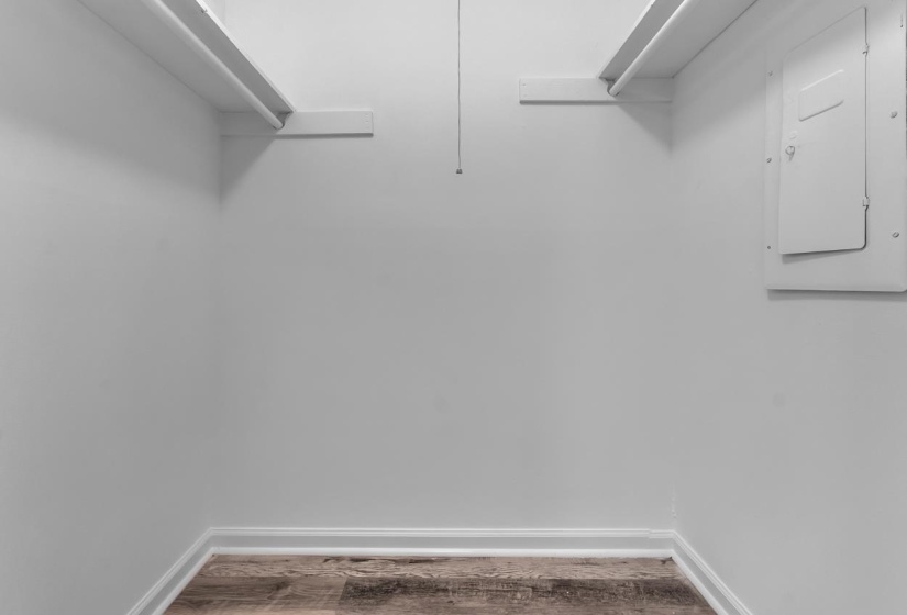 Closet space featuring wood-finish flooring, white walls, and built-in shelving