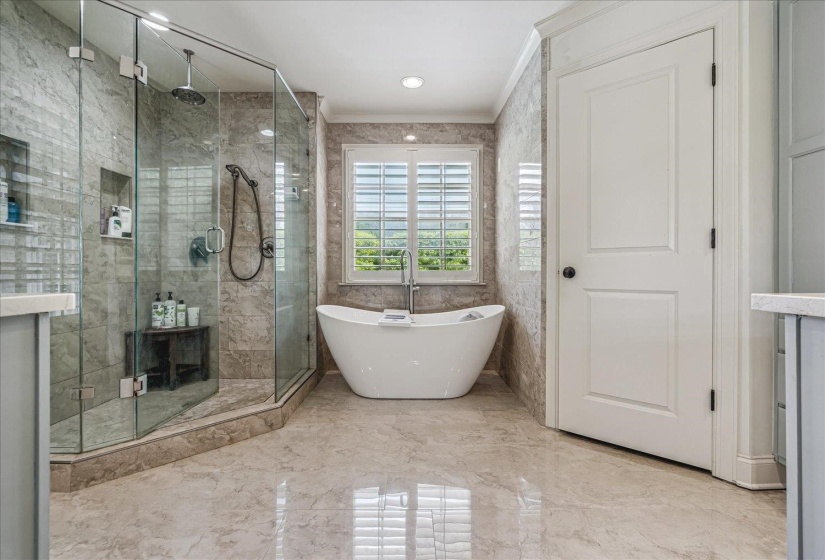 Bathroom featuring a freestanding soaking tub, a frameless glass shower enclosure, a rain showerhead, a handheld shower fixture, and natural light from a window with plantation shutters