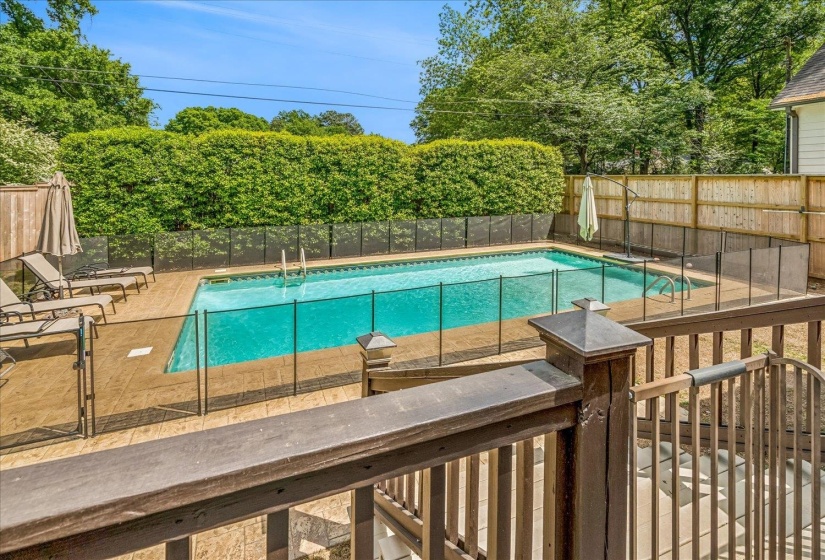 Outdoor swimming pool with a surrounding safety fence, bordered by a privacy hedge and wood fencing
