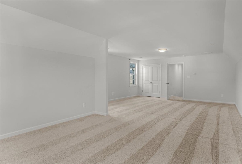 Spacious room featuring neutral carpeting, light-colored walls, and a ceiling-mounted light fixture