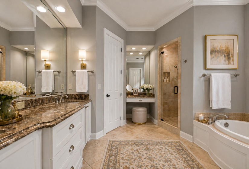 Spa-like primary bath featuring dual vanities, a built-in makeup vanity, glass-enclosed shower, expansive whirlpool soaking tub, tile flooring, and access to a massive walk-in closet. Virtually staged.