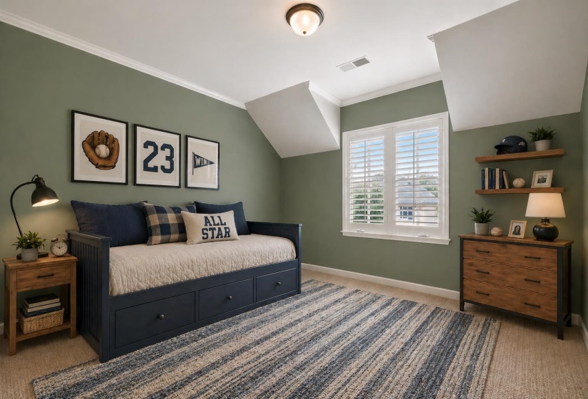Upstairs bedroom with plush carpeting, bright and airy with multiple windows, architectural angled ceilings, a spacious closet, and private access to a shared full bathroom. Virtually staged.