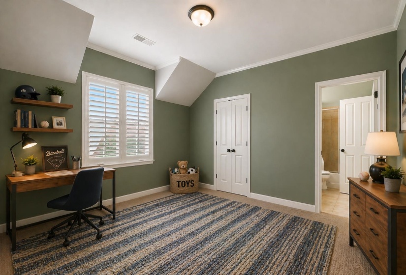 Upstairs bedroom with plush carpeting, bright and airy with multiple windows, architectural angled ceilings, a spacious closet, and private access to a shared full bathroom. Virtually staged.
