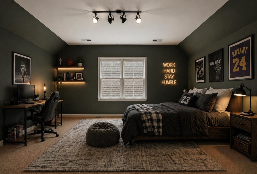 Spacious and versatile upstairs bedroom or bonus room with abundant natural light, flexible space for a home office, gym, or guest retreat, and access to a floored walk-in attic for added storage. Virtually staged.