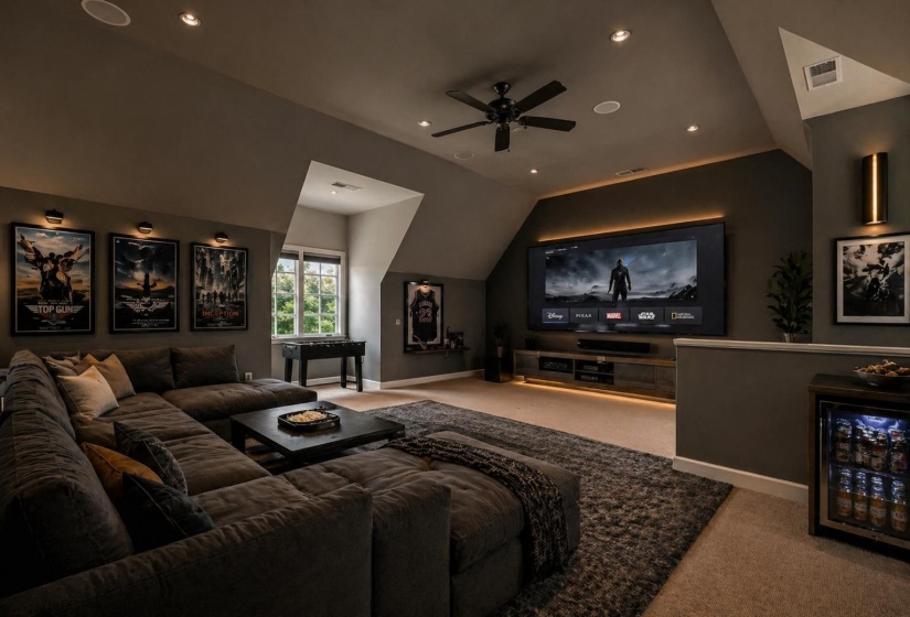 Secluded media room located up a private rear stairwell behind the kitchen—ideal for a home theater, game room, or quiet retreat. Virtually staged.