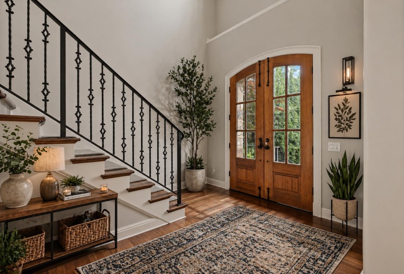 Grand two-story foyer featuring arched double entry doors with beveled glass, hardwood floors with walnut inlay, an elegant open staircase with wrought iron balusters, and seamless access to the home’s formal living and dining spaces. Virtually staged.