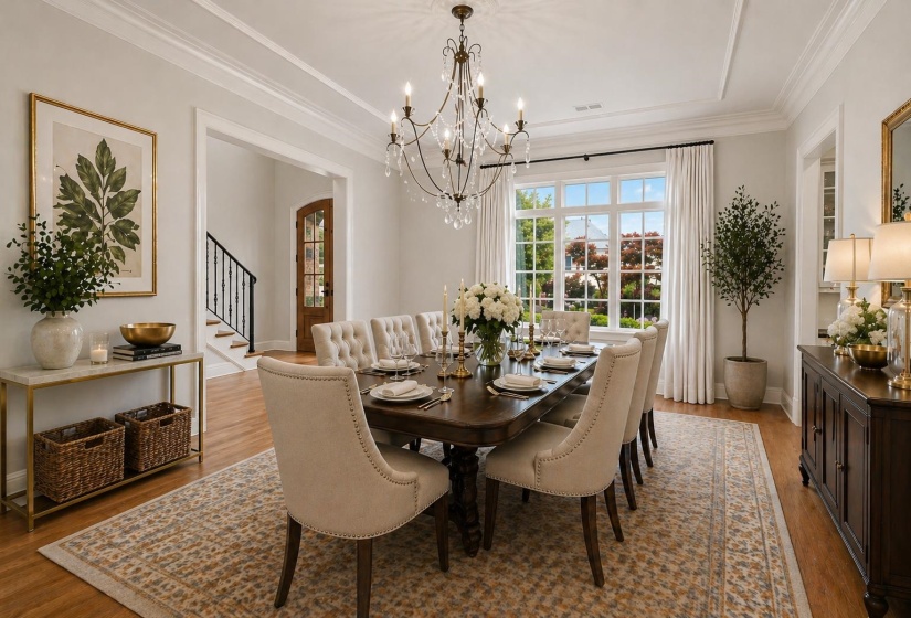 Formal dining room featuring rich hardwood floors, elegant crown molding, sparkling chandelier, and a sun-filled window. Seamlessly connects to the butler’s pantry and flows into the living room for effortless entertaining. Virtually staged.