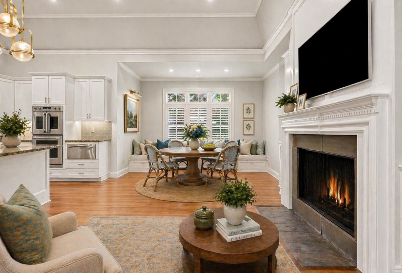 Bright breakfast nook in kitchen with abundant natural light, picturesque front garden views, and open to the cozy fireplace—ideal for casual dining and morning coffee. Virtually staged.