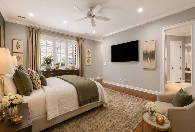 The primary bedroom is a serene main-level retreat tucked away from the main living areas for privacy, featuring peaceful backyard views, space for a sitting area, and luxurious en-suite bath with jetted tub and walk-in closet. Virtually staged.