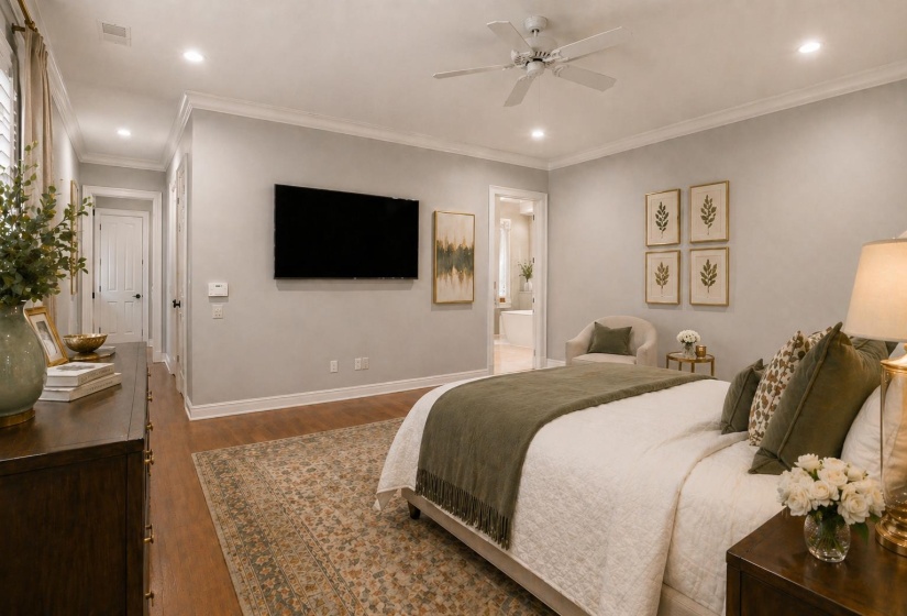 Serene primary suite featuring hardwood floors, recessed lighting, and a stunning wall of windows with peaceful backyard views, privately tucked away from the main living areas for ultimate comfort and tranquility. AI-generated photo.