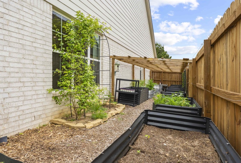 Exterior side yard featuring multiple raised garden beds, a wood trellis, and a privacy fence