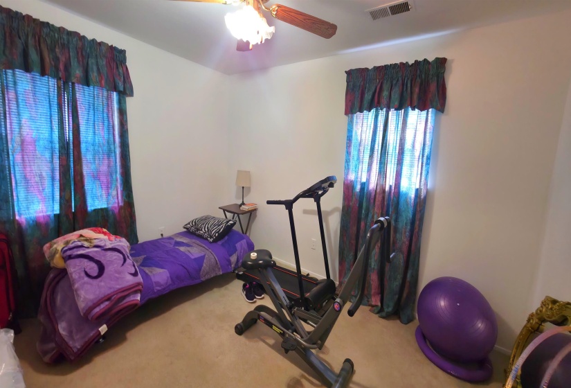 Carpeted interior room featuring two windows with blinds, a ceiling fan with integrated lighting, and white painted walls