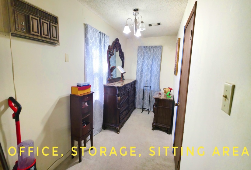 Neutral wall paint, carpet flooring, a window with patterned curtains, and a ceiling-mounted light fixture