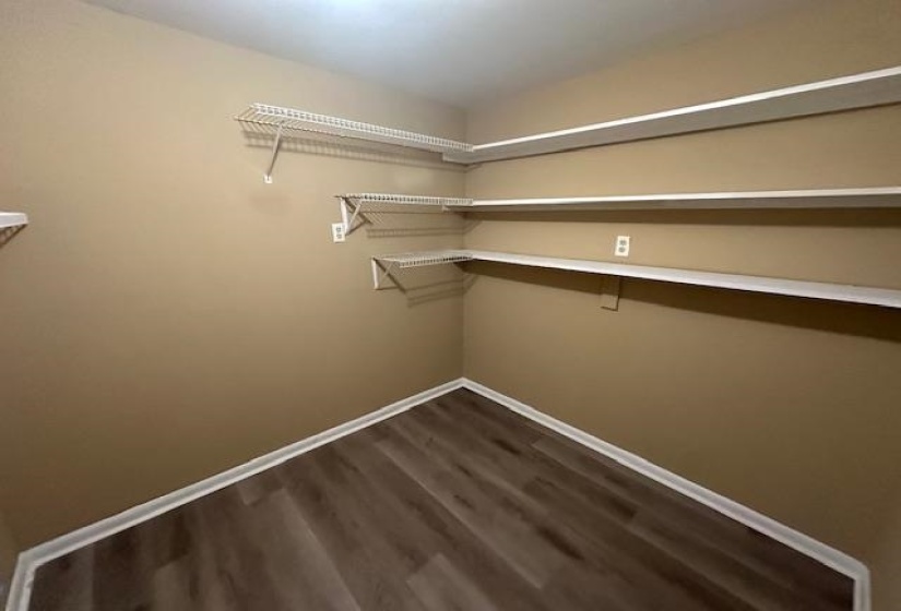 Spacious closet featuring wood-finish flooring, ample wall shelving, and white baseboards