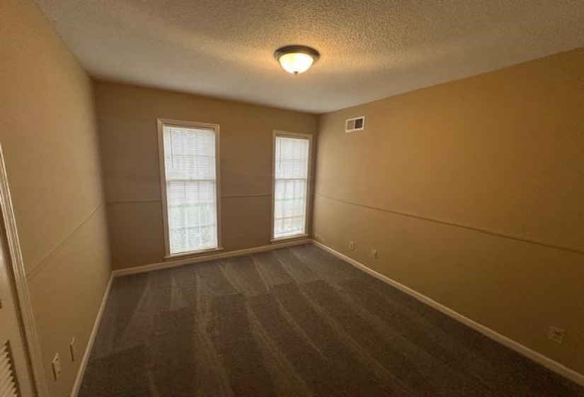 Carpeted room featuring two vertical windows, an overhead flush-mount light fixture, and a wall-mounted air vent