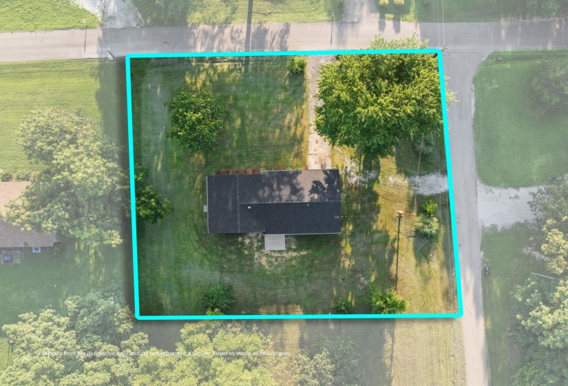 Aerial overview of property's location with property parcel outlined