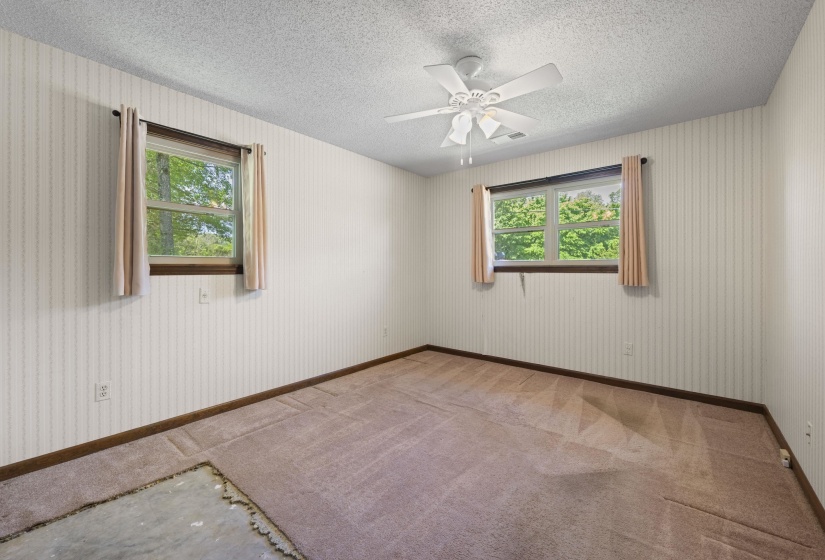 Carpeted room featuring two windows with wood-trim and drapes, a ceiling fan, and textured wallpaper