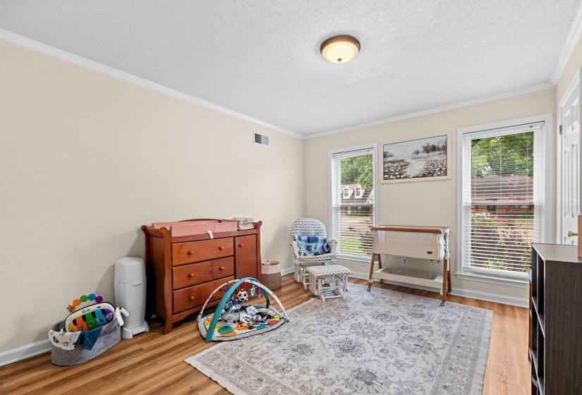 Room featuring wood-finish flooring, two large windows, a single ceiling light fixture, crown molding, and neutral wall paint