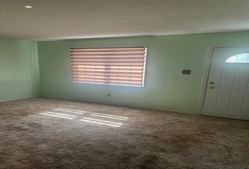 Entryway room with neutral-toned carpeting and light green painted walls