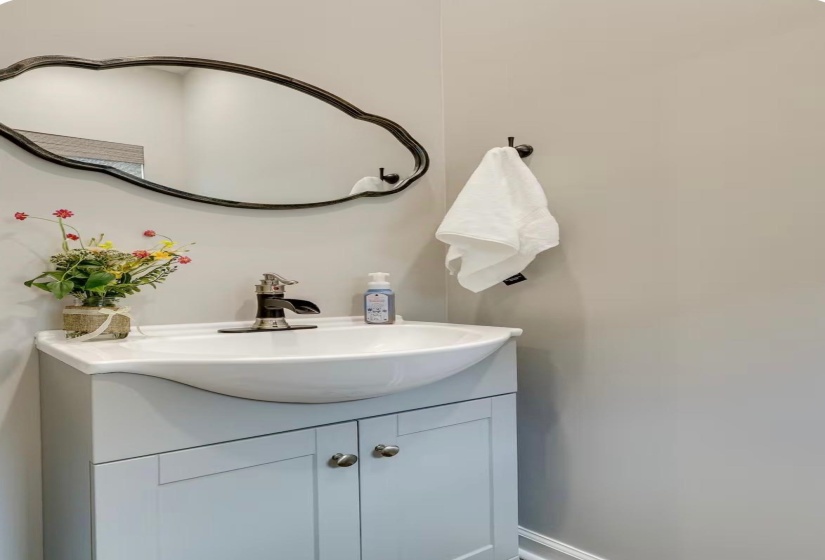 Powder room featuring a light gray vanity with brushed nickel hardware, a curved white porcelain sink, and a black and chrome faucet