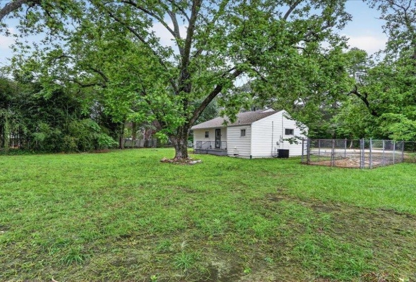 Expansive rear yard featuring a large mature tree, a white siding structure with a deck, and a chain-link fenced area