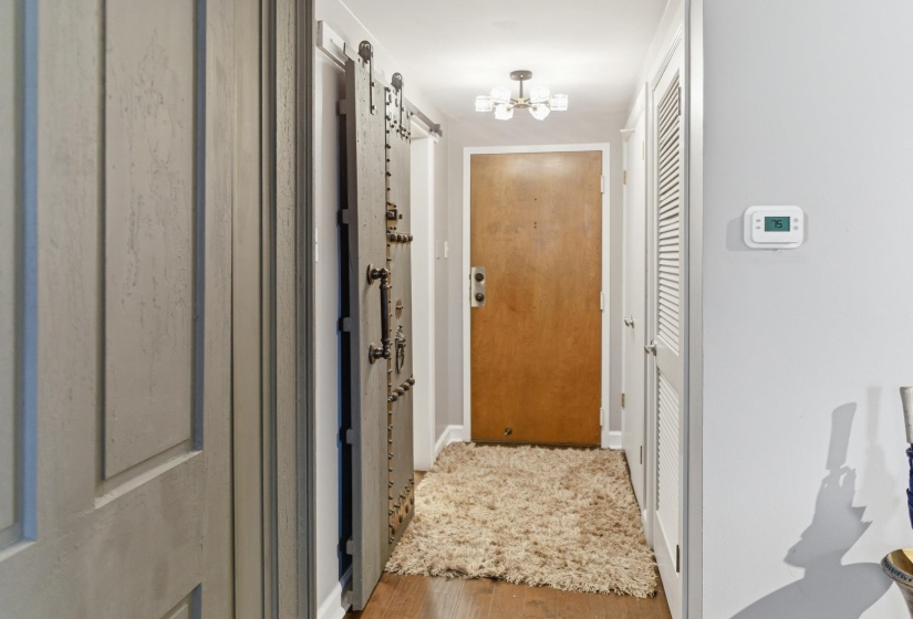Welcoming entryway featuring wood-finish flooring, a contemporary ceiling light fixture, and a paneled entry door