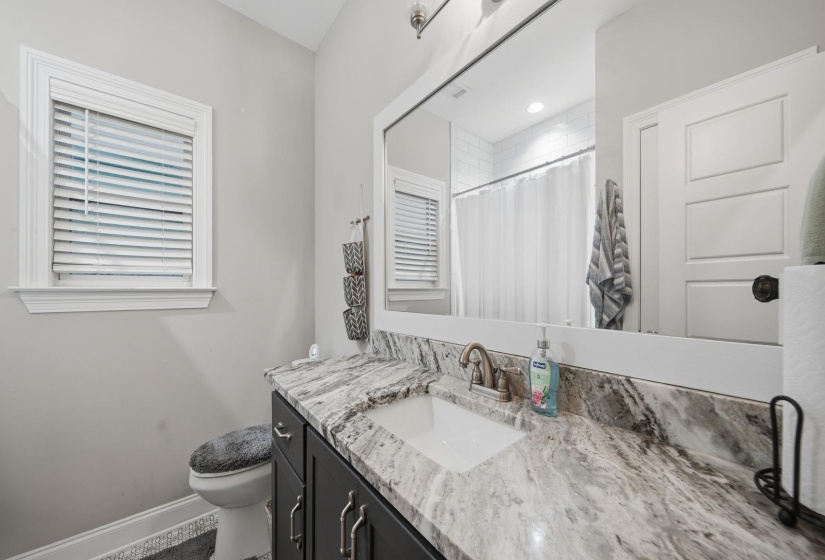 Bathroom featuring a dark wood vanity with brushed nickel hardware, a white undermount sink, and a multi-toned stone countertop