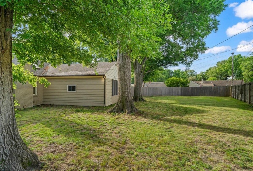 Expansive green lawn with mature trees and a privacy fence