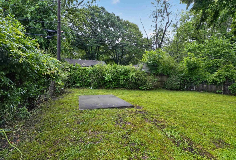 Expansive grassy lawn bordered by mature trees and shrubs, featuring a rectangular concrete pad