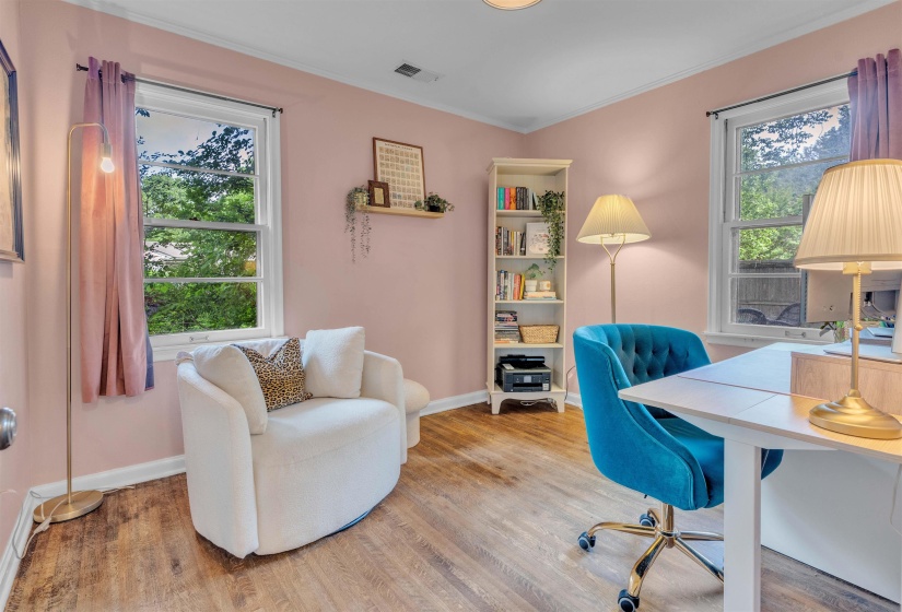Room featuring wood-finish flooring, light-colored walls, and two windows