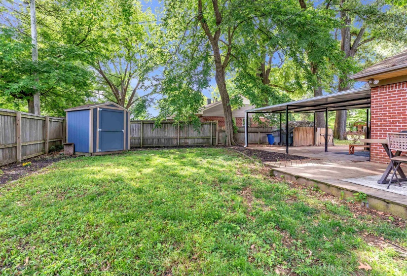 Expansive backyard featuring a manicured lawn, a blue storage shed, a wood fence perimeter, mature shade trees, and a covered patio area with a concrete surface