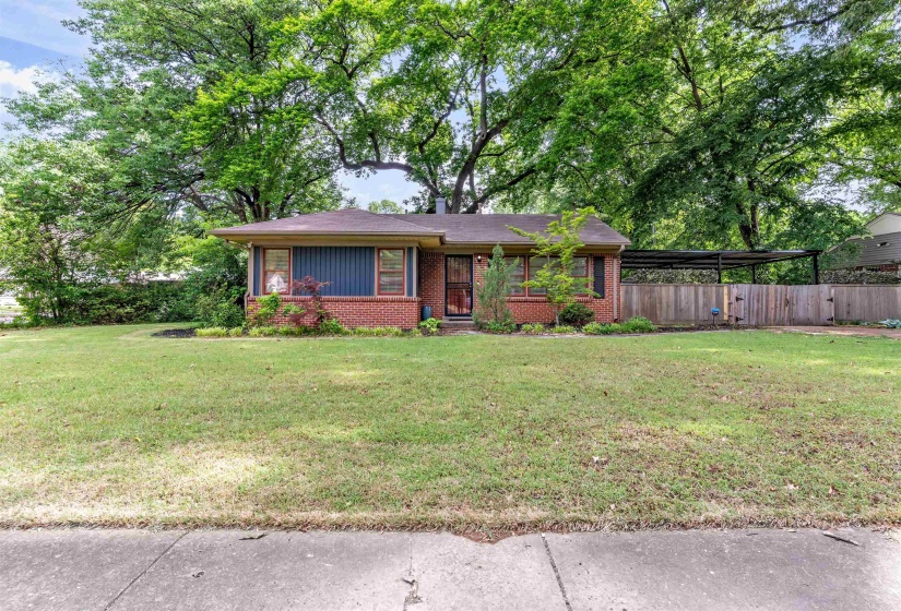 Brick facade residence featuring a front lawn, mature trees, a blue siding accent, an attached carport, and a wooden privacy fence