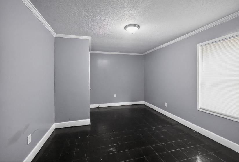 Spacious interior room featuring dark wood-finish flooring, light gray wall paint, white crown molding, and white baseboards