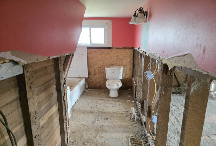Bathroom featuring a window, toilet, and exposed wall framing